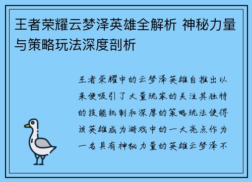 王者荣耀云梦泽英雄全解析 神秘力量与策略玩法深度剖析